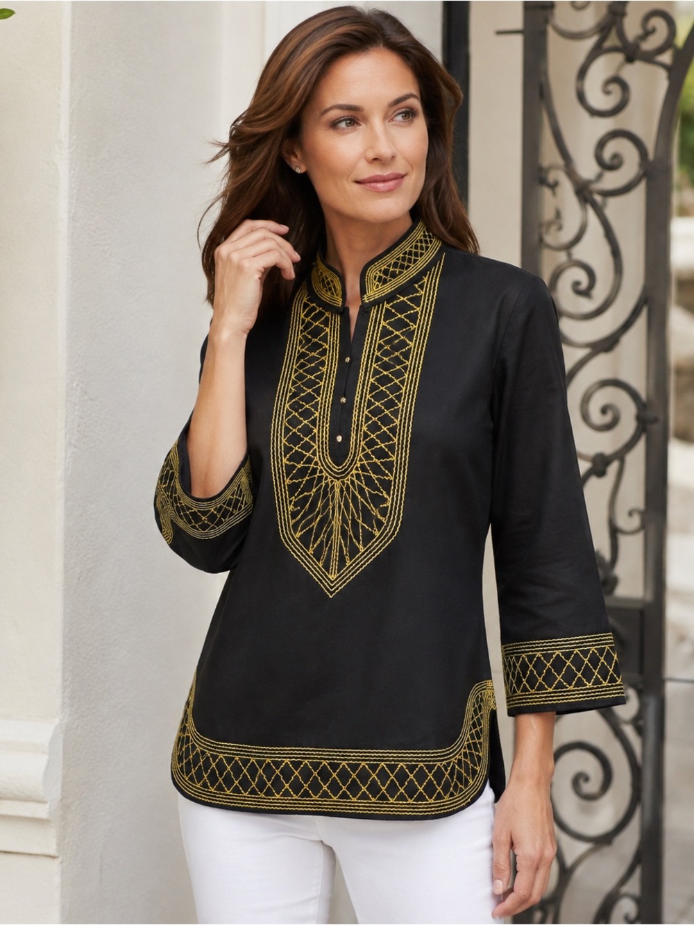 Elizabeth McKay Tunic Top Sz 6 Black Gold Embroidered Mandarin Collar Resort